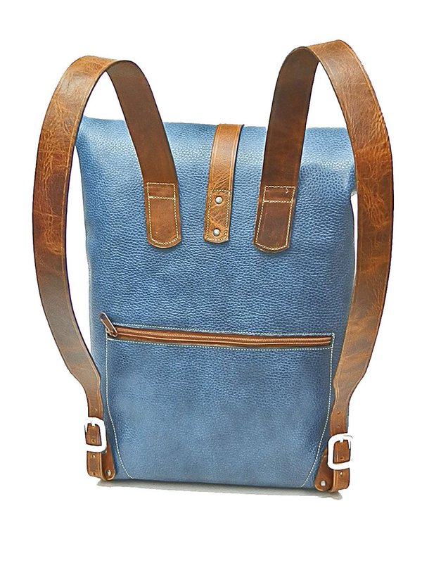 Blue - leather roll-up backpack