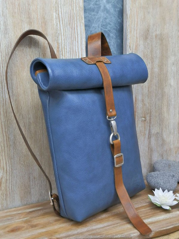Blue - leather roll-up backpack